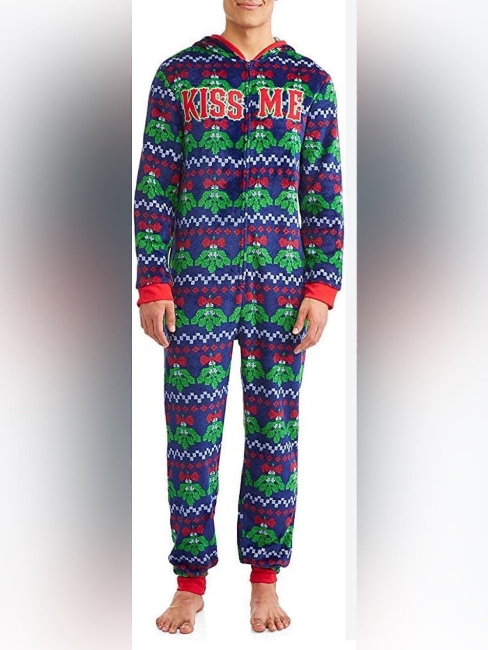 Kiss Me Holiday Hooded Men's Pajama Onesie - Blue & Green